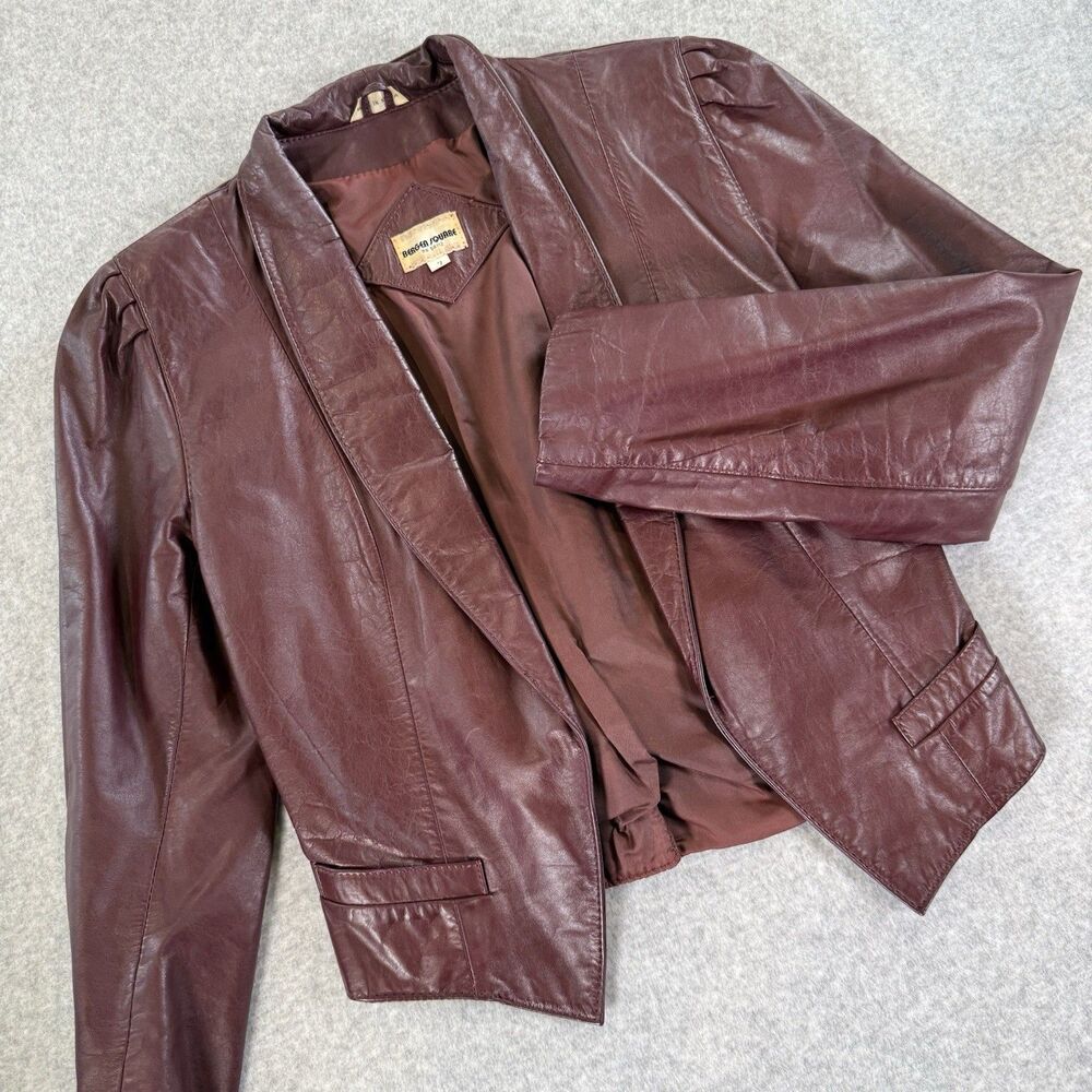 VTG 80s Leather Jacket Burgundy Cropped Puff Shoulder Blazer S/7 Dark Academia